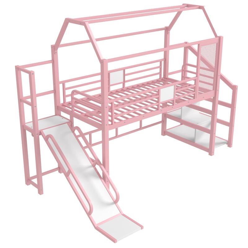Pink Twin Metal Loft Bed with Slide, Stairs, and Storage Shelves, House-Shaped Design, Noise-Free