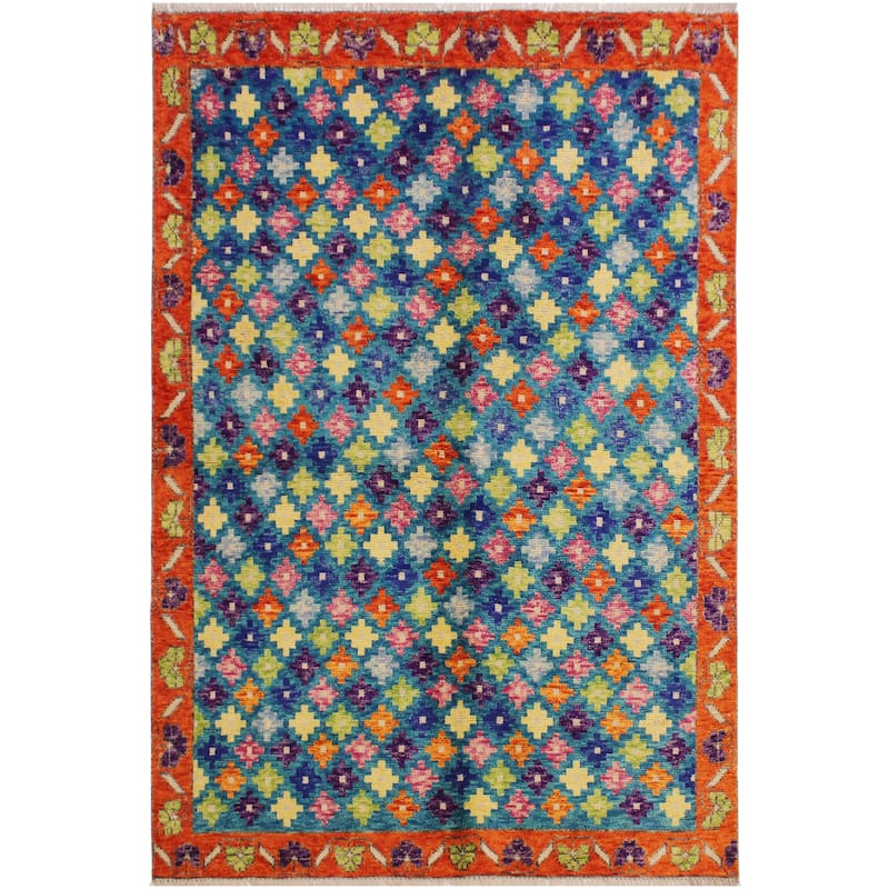 Tribal Balochi Friedman Teal/Orange Hand Knotted Wool Rug - 4'10'' x 6'11''