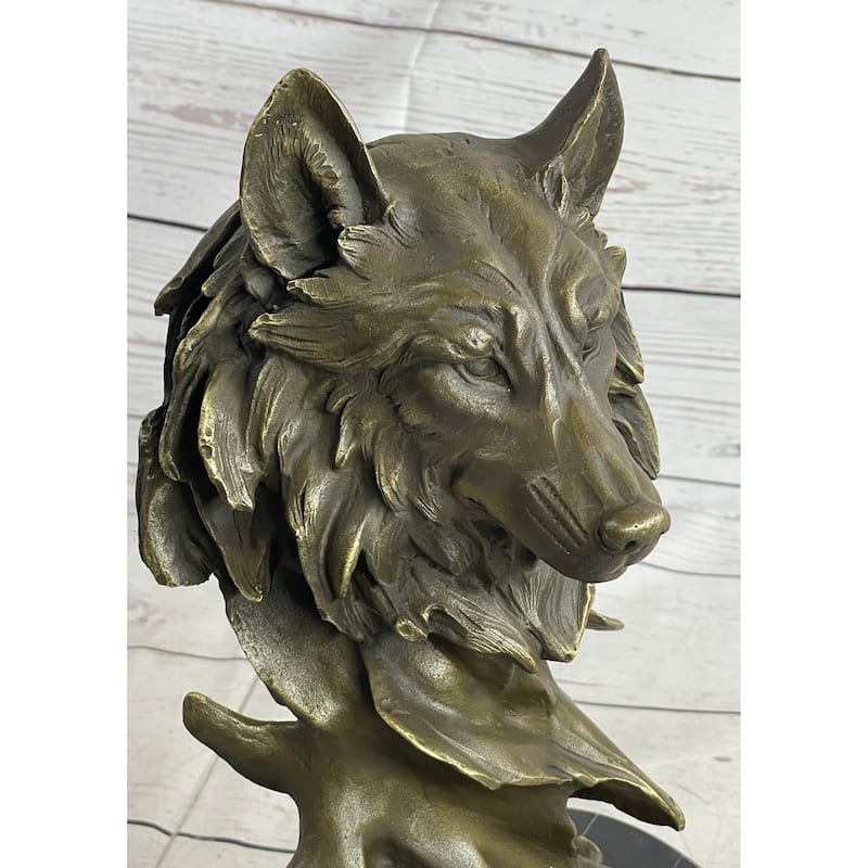 Abstract Bronze Imitative Wolf Head Bust Statue Sculpture Signed Original Collectible 12 Inches X 7 Inches