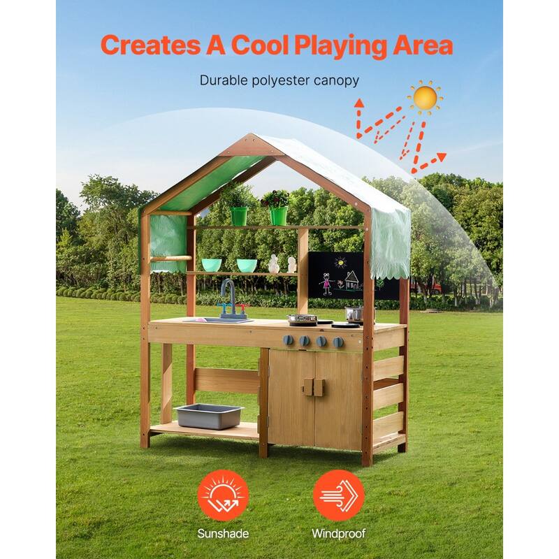 Natural-Green Cedar Wood Kids Mud Kitchen with Sink, Canopy and Accessories - 16.3” D x 40” W x 50” H