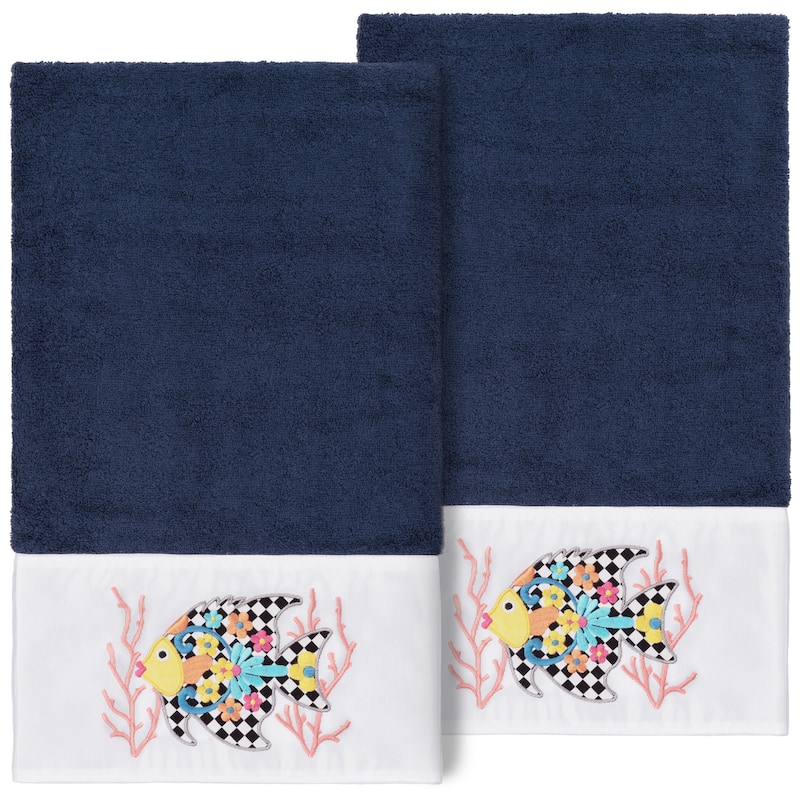 Authentic Hotel and Spa 100% Turkish Cotton Feliz 2PC Embellished Bath Towel Set - Midnight Blue