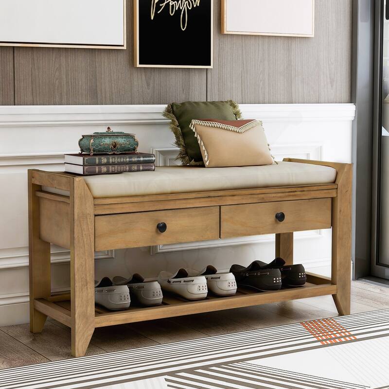 Shoe Rack with Cushioned Seat and Drawers - Gray Wash