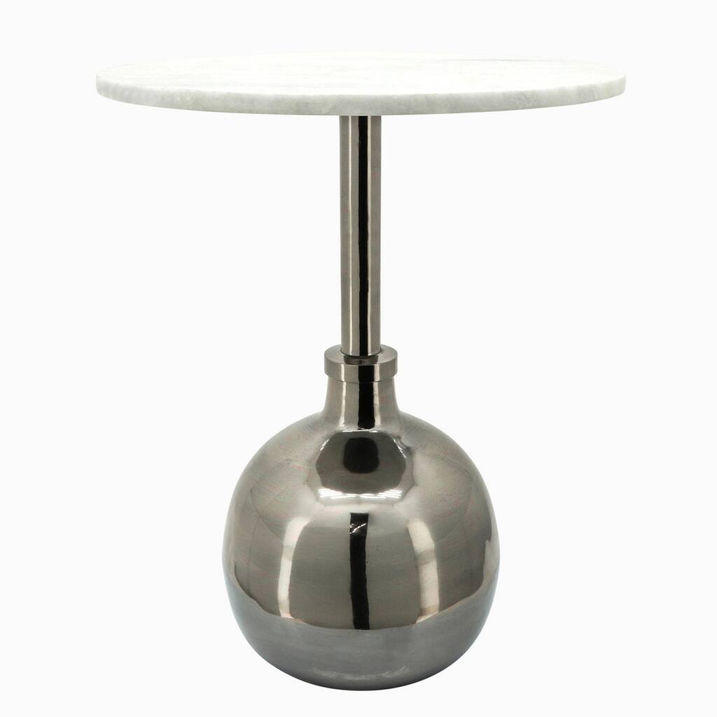 Nixa 22 Inch Side Table, Round White Marble Top, Orb Base, Gray Aluminum