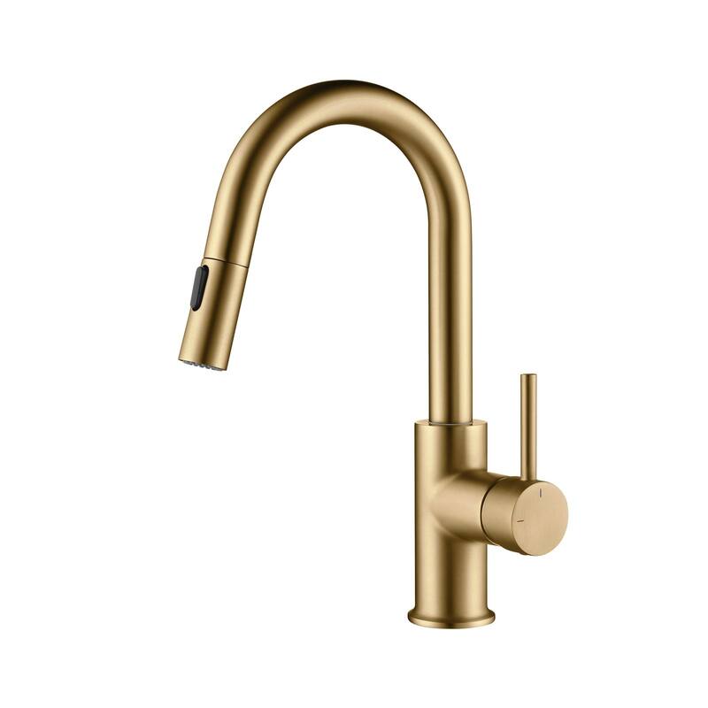 Single-Hole Pull-Down Kitchen Faucet with Sprayer and Magnetic Docking - Brushed Brass