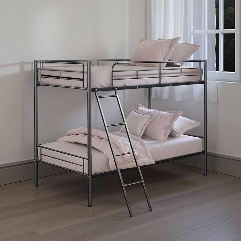 Cet Twin Over Twin Bunk Bed, White Metal Frame, Attached Angled Ladder