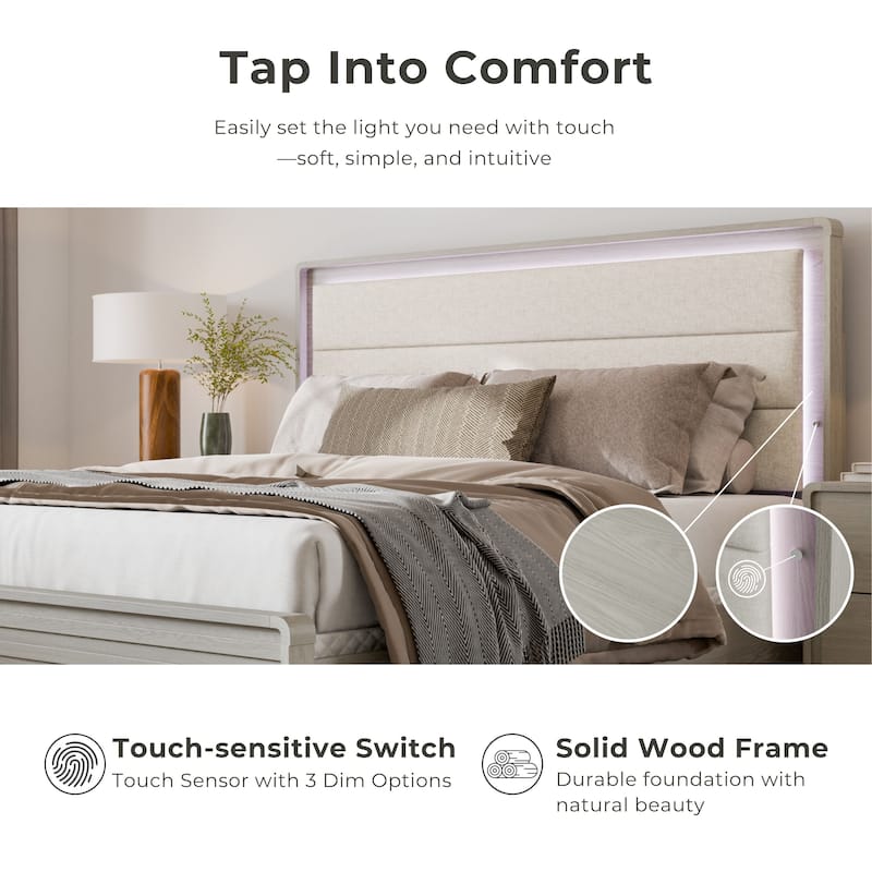 Furniture of America Thalia Modern Grey Wood Upholstered Panel Bed with LED on Headboard