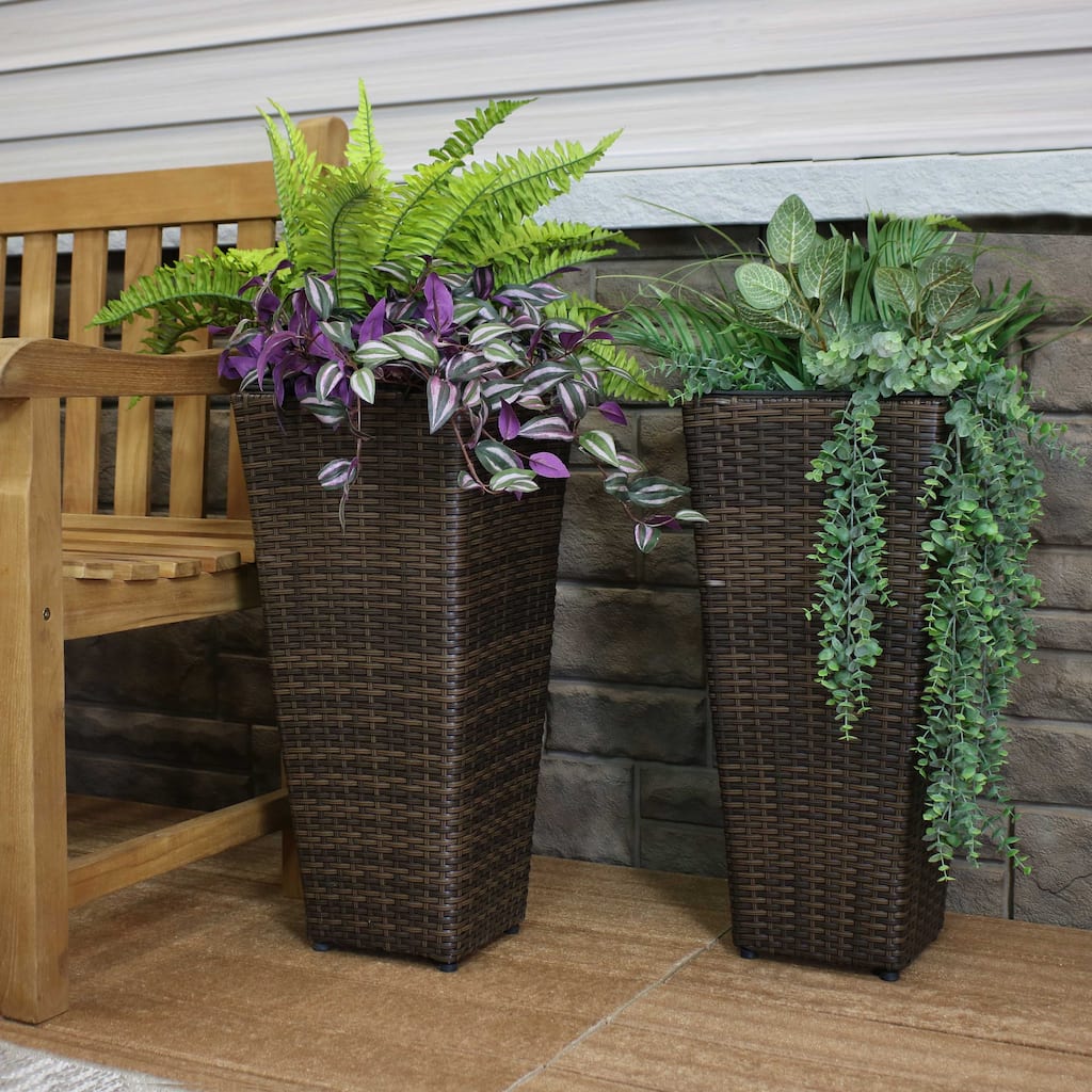 Sunnydaze Tall Square Brown Polyrattan Planter - 24-Inch - Set of 2 - 24-Inch Tall