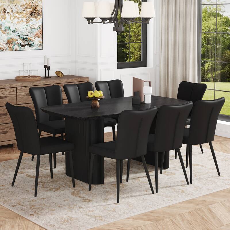 9-Piece Dining Table Set.67 * 35.4 inch wood grain MDF dining table with 8 PU chairs with a vertical stripe design