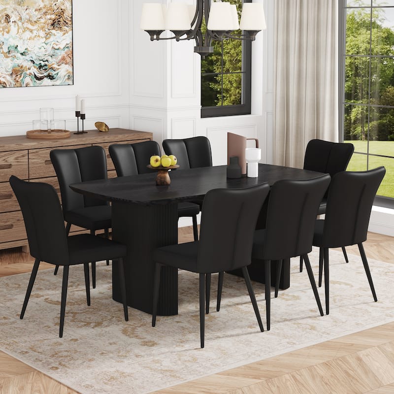 Minimalist Dining Table Set with 8 Upholstered Chairs, Black PU Leather Dining Chairs with Metal Legs