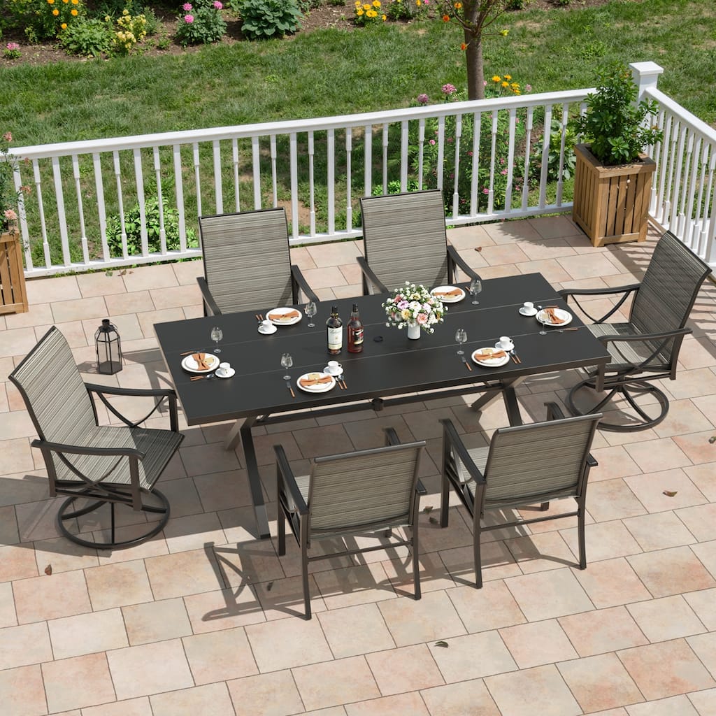 Kullavik 7-Piece Outdoor Dining Set with 4 Textilene Single Chairs, 2 Swivel Chairs and Large Table