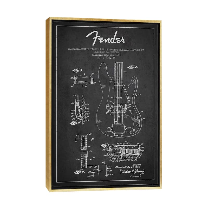 iCanvas "Guitar Charcoal Patent Blueprint" by Aged Pixel Framed Canvas Print - Gold - 48x32