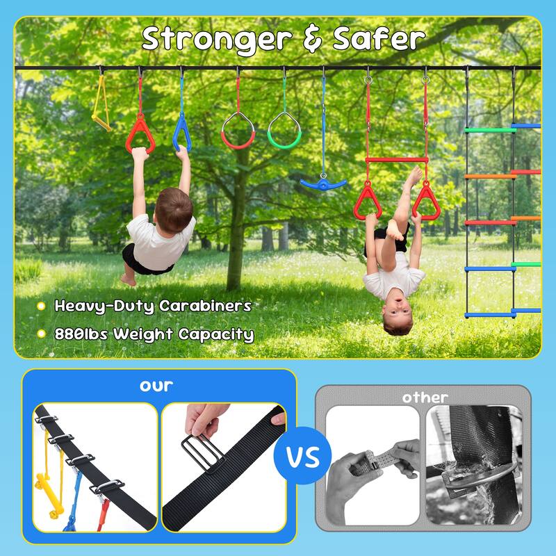 Hapfan 65ft Ninja Warrior Obstacle Course for Kids with Swing with 11 Obstacles for Backyard, Tree Slackline Jungle Gym Outdoor
