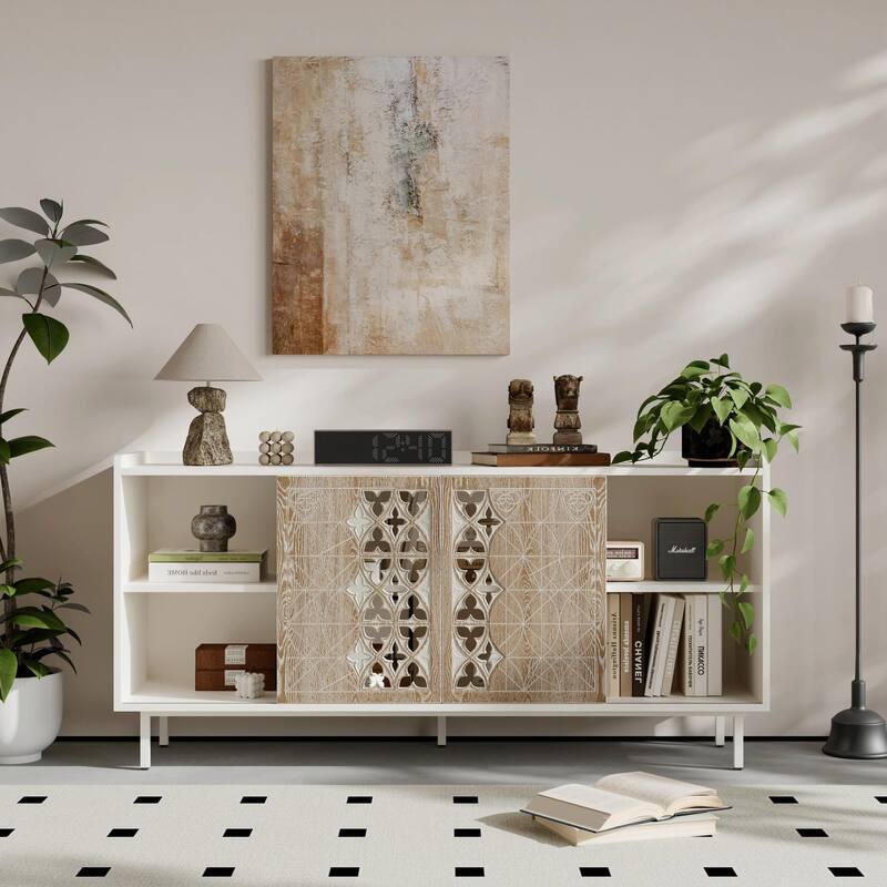 ​​"Mid Century Sideboard with Sliding Doors - Rustic Wood TV Stand - White