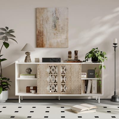 ​​"Mid Century Sideboard with Sliding Doors - Rustic Wood TV Stand