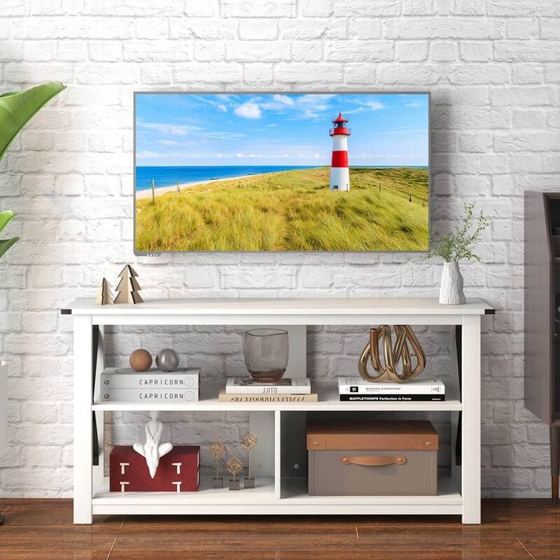 Modern Farmhouse TV Stand for TV's up to 55" W/ Open Shelves - 47 inches in width
