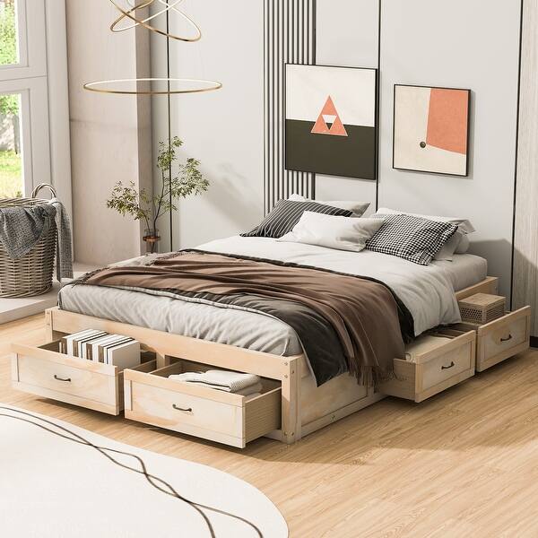 slide 2 of 9, Sleek Design Queen Size Platform Bed with 6 Storage Drawers, Wooden Bed Without Headboard, Antique Natural Natural