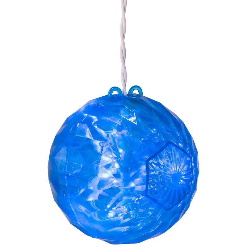 LED Crystal Sphere Hanging Christmas Decoration - 5" - Blue Lights - 2' White Wire