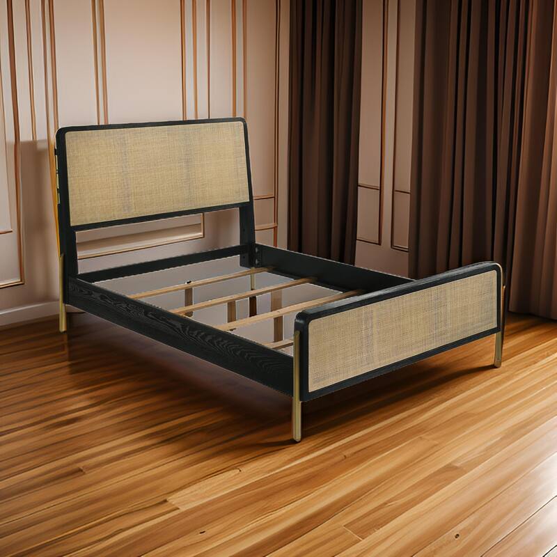 Fij King Size Bed, Natural Rattan Woven Panel Headboard, Gold Legs, Black