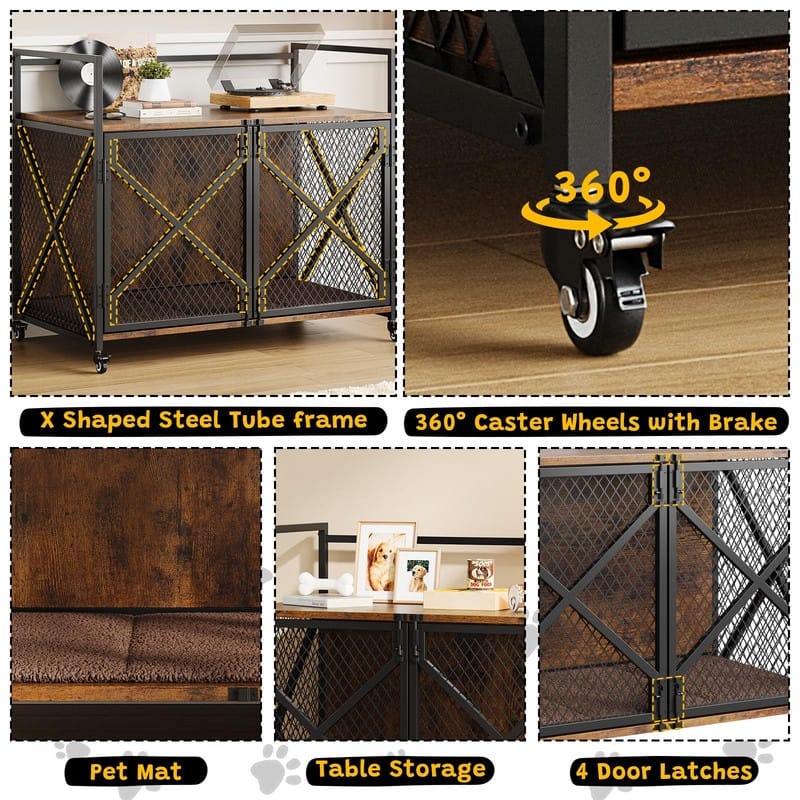 Heavy Duty Dog Crate Furniture withLockable Wheels Kennel End Table