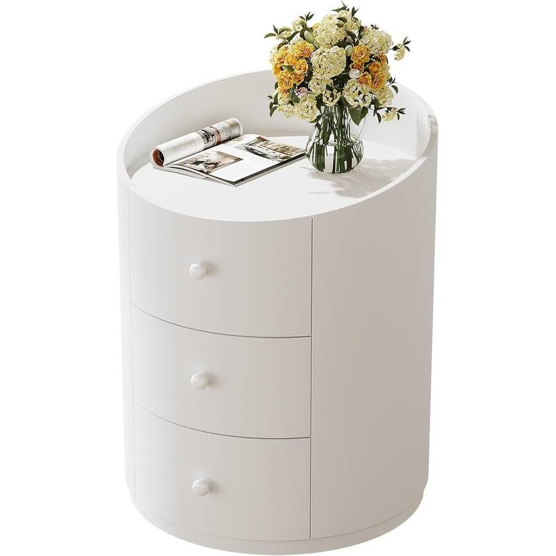 White Round Nightstand with 3 Drawers, Modern Wood Fully Assembled End Sofa Side Table