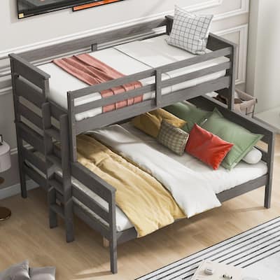 Wood Twin XL over Queen Bunk Bed with Ladder, Gray