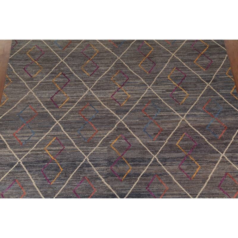 Gray & Blue Trellis Moroccan Area Rug Hand-Knotted Wool Carpet - 8'10"x 12'7"