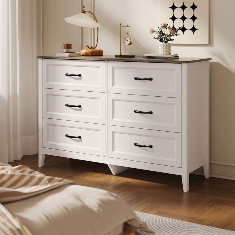 43.3" W 6 Drawer Dresser, Wood Storage Closet Dressers Chest of Drawers for Bedroom - Grey