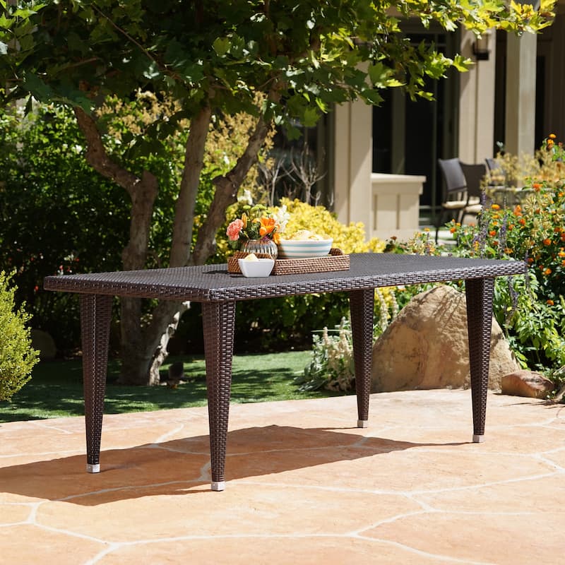 Roomfitters 73.5" Rectangular Outdoor Dining Table, Weather-Resistant Woven Resin Wicker with Iron Frame, Brown Multi