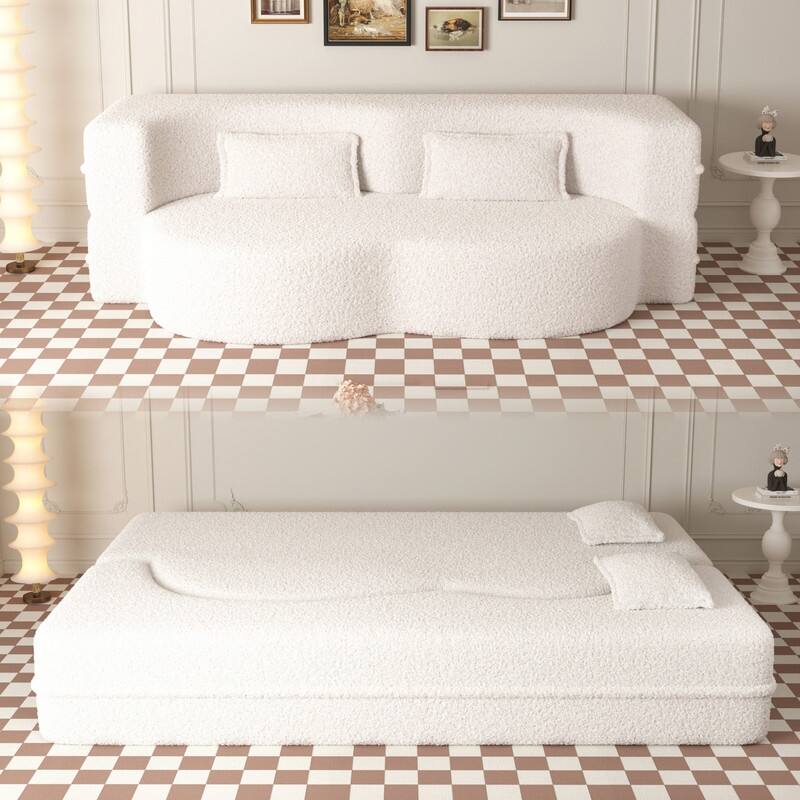 Modern Convertible Floor Sofa Bed - Full Size Foldable Sleeper with Memory Foam, 2 Pillows & No Assembly Needed - Beige