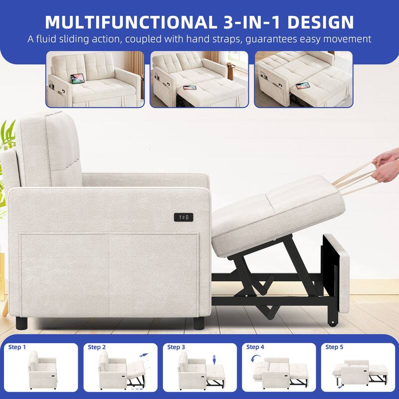 3-in-1 Multi-Functional Sleeper Sofa with Iron Frame Pull-Out Bed Loveseat and USB Port for Living Room or Small Space