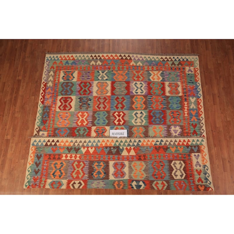 Reversible Kilim Area Rug Hand-Woven Wool Carpet - 8'5" x 9'8"