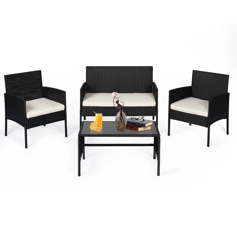 4 Piece Patio Conversation Wicker Furniture Set, Outdoor Rattan Sectional Furniture Set With Cushions for Yard Garden