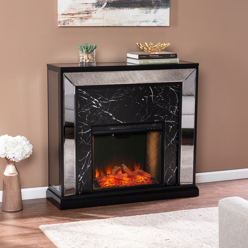 SEI Furniture Tranton Glam Silver/ Black Mirror Electric Fireplace - Brick Accent Firebox