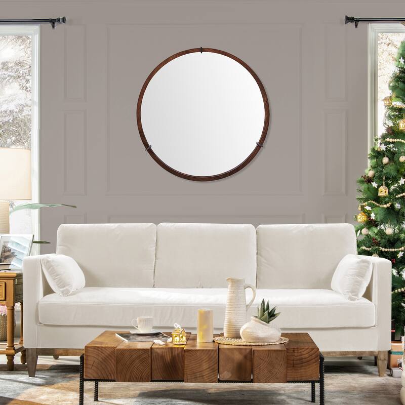 Mid-Century Modern Round Accent Mirror - Brown Walnut Wood & Veneer