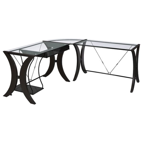 slide 2 of 10, Monterey 67-inch Glass Top L-Shape Computer Desk Cappuccino Cappuccino