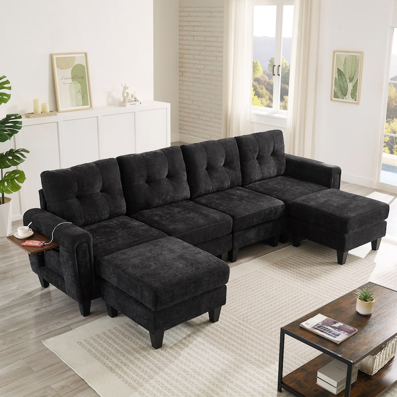 115" U-Shaped Sectional Couch, 6 Seat Upholstered Deep Seat Sofa with Movable Ottomans, USB Ports and Side Tables