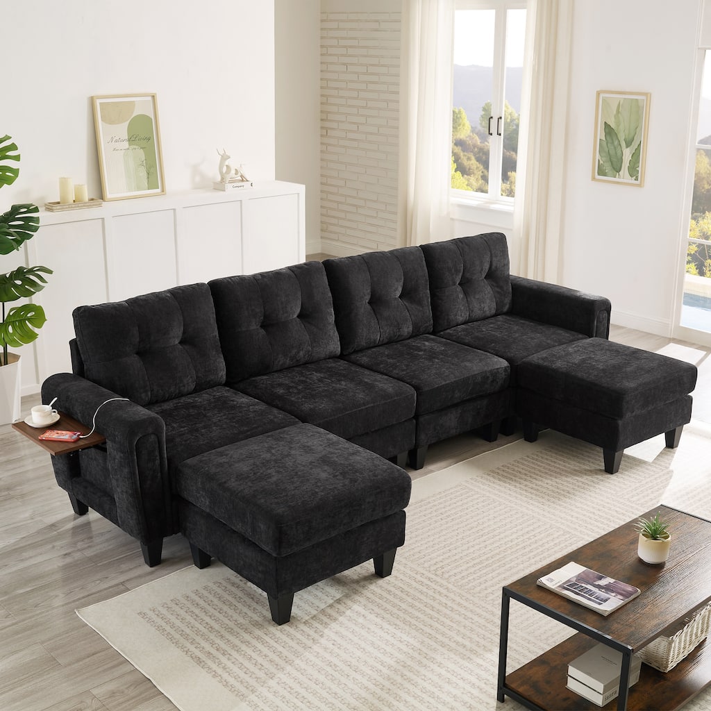 Roomfitters 115 Inch U-Shaped Sectional Sofa with 2 Ottomans and Foldable Side Tables, Chenille