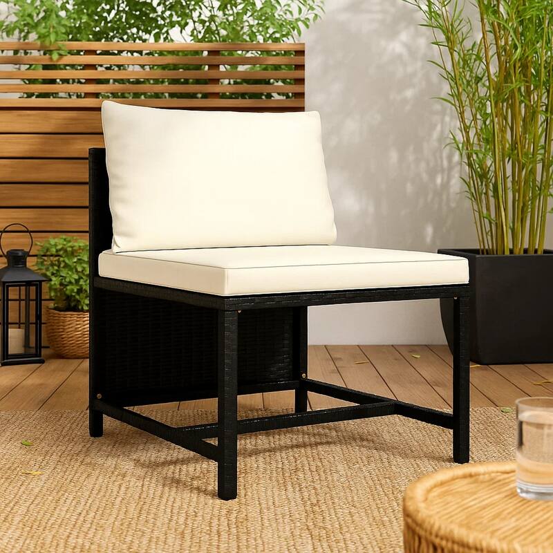 Reno Outdoor Sectional Middle Sofa Chair, Ivory, Black Poly Rattan