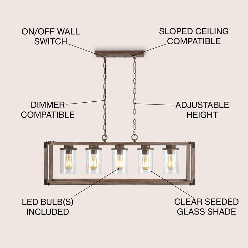 Darlene 36" 5-Light Linear Adjustable Iron/Seeded Glass Rustic Farmhouse LED Pendant, Brown by JONATHAN Y
