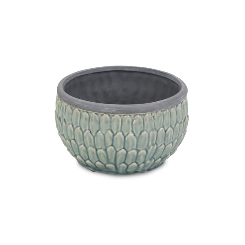 Blue Ceramic Round Pot with an Overlapping Leaf Pattern - Large