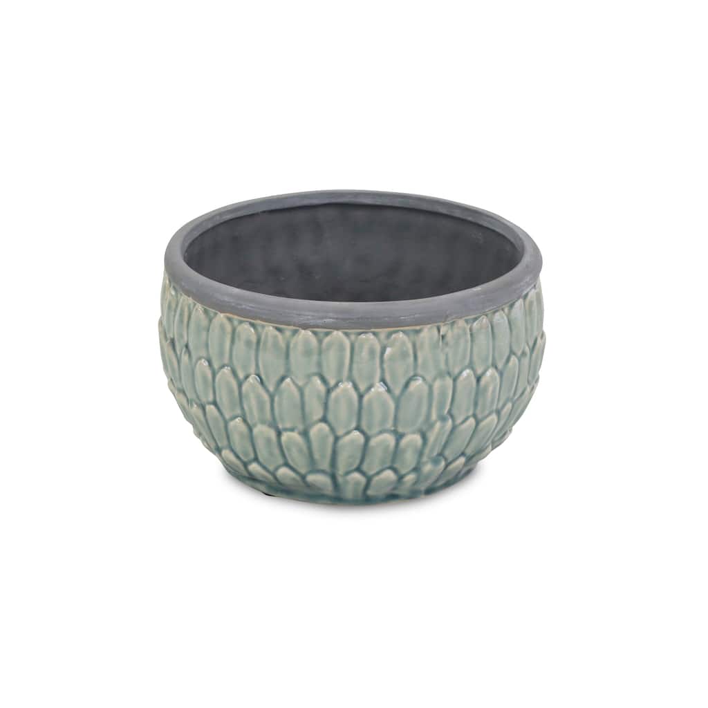 Blue Ceramic Round Pot with an Overlapping Leaf Pattern