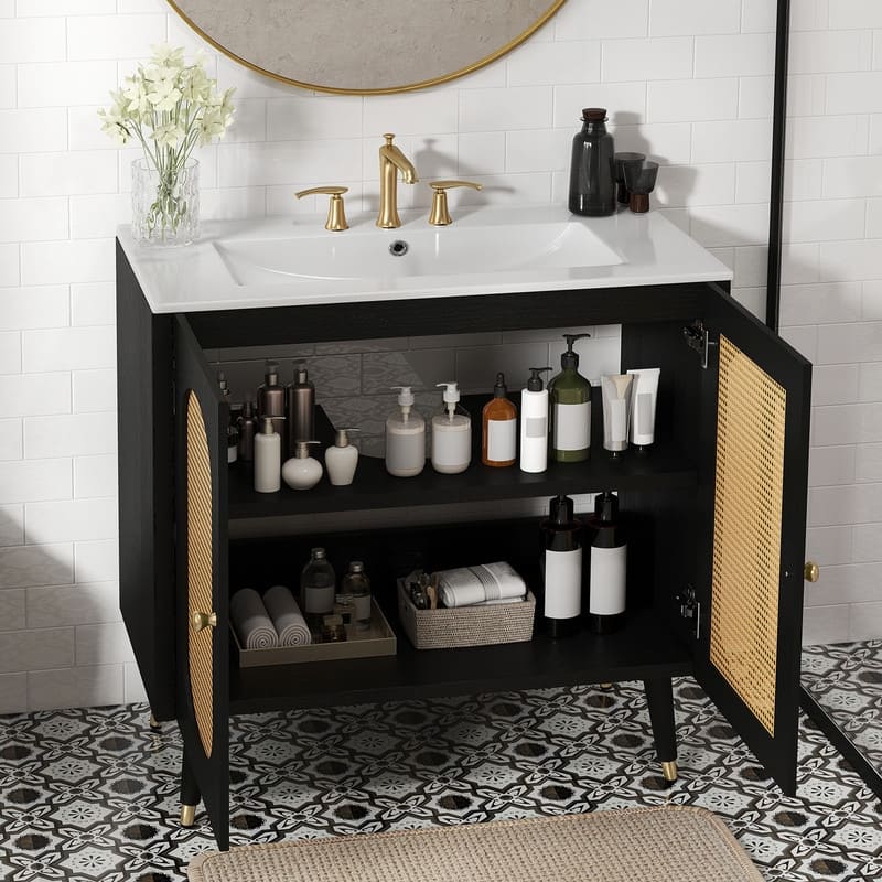 Moasis 24" Bathroom Vanity with Ceramic Sink, Rattan Double Door Cabinet and Drawer, Freestanding Solid Wood Legs