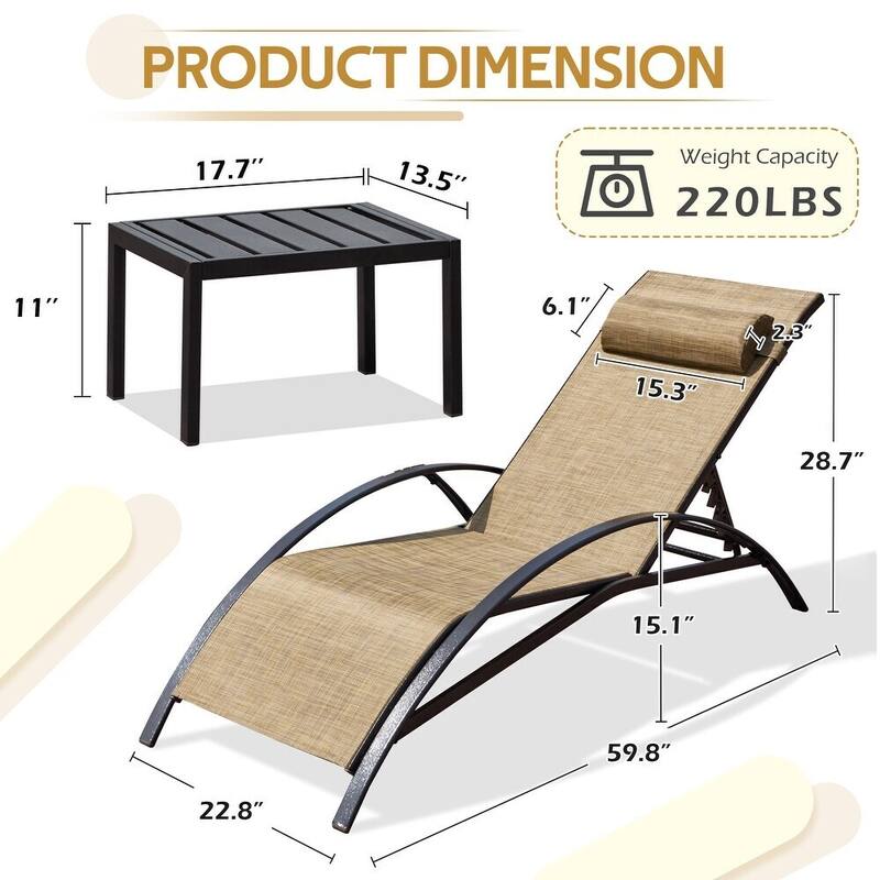 EROMMY 3-Pcs Adjustable Patio Recliner Chair, Includes two Recliners and a Table, Brown - 59.8'' * 22.8''