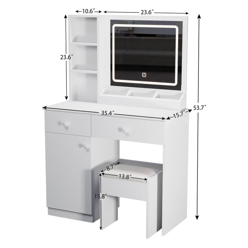White Vanity Table and Stool Set with Charing Station, Makeup Vanity Desk with Mirror and Lights