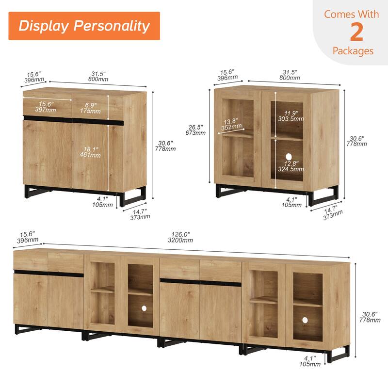 Modern Sideboard with Adjustable Shelves, 4 in 1 Storage Cabinet with Glass Doors, Coffee Bar Cabinet for Kitchen