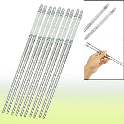 Gray White Flower Pattern Silver Tone Stainless Steel Chopsticks 5 Pairs - Silver Tone, Gray, White