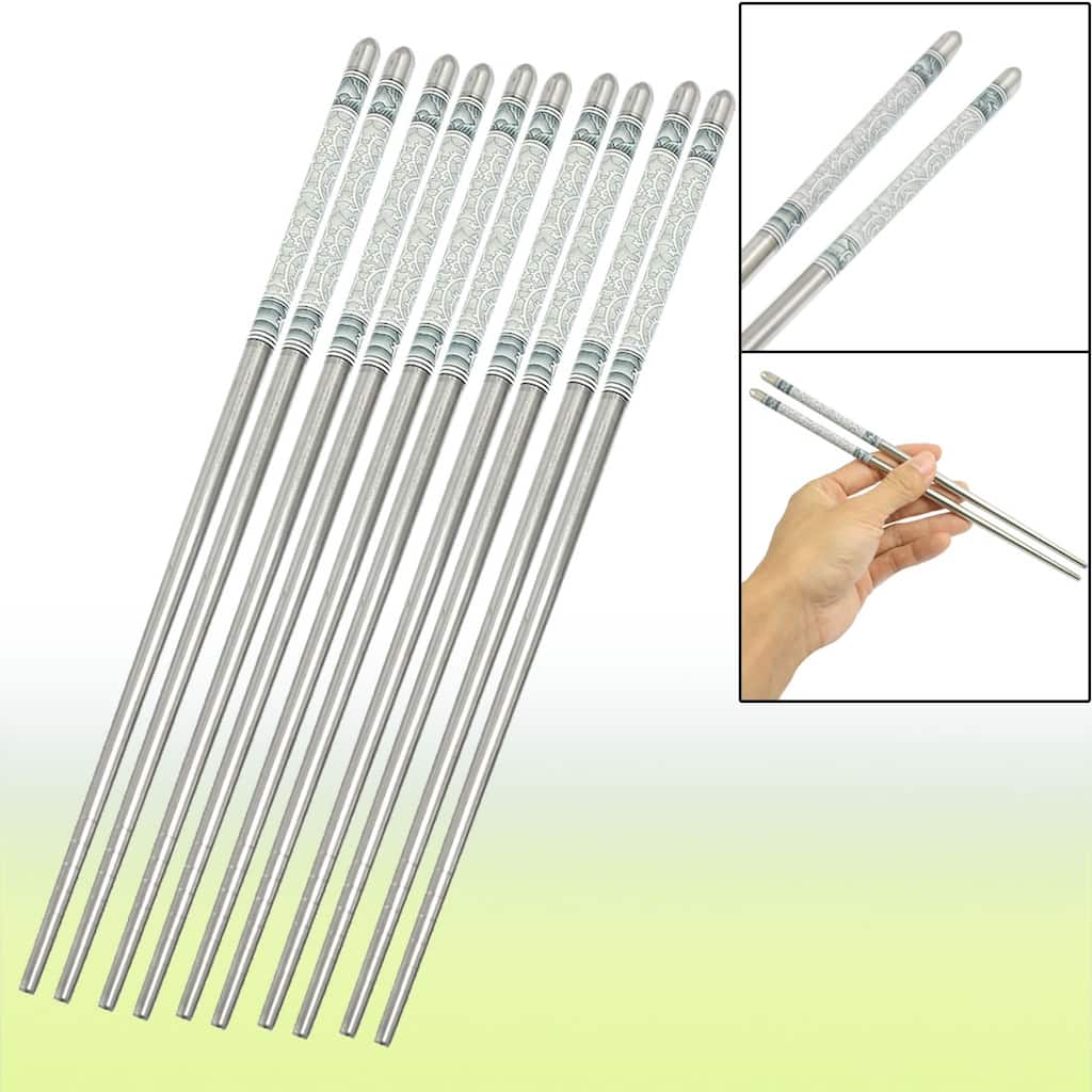 Gray White Flower Pattern Silver Tone Stainless Steel Chopsticks 5 Pairs - Silver Tone, Gray, White