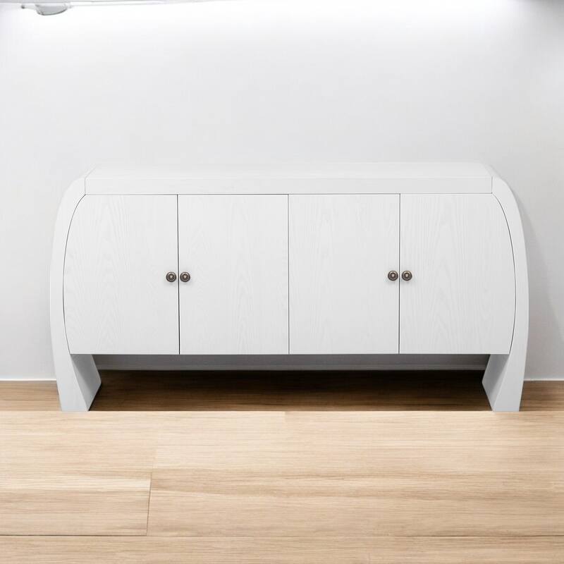 Four-Door Ash Veneer Storage Cabinet with Curved Legs, Antique Brass Handles, Perfect for Hallways, Entrances, and Living Rooms