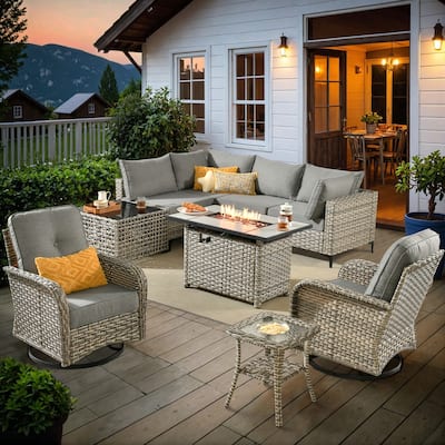 OVIOS 9 Pieces Outdoor Wicker Swivel Chair Set With Fire Table