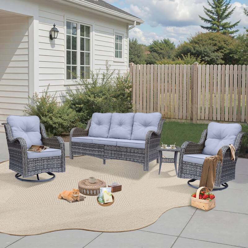 High Back 4-Piece Outdoor Wicker Patio Furniture Seating Sofa Set with Swivel Chairs